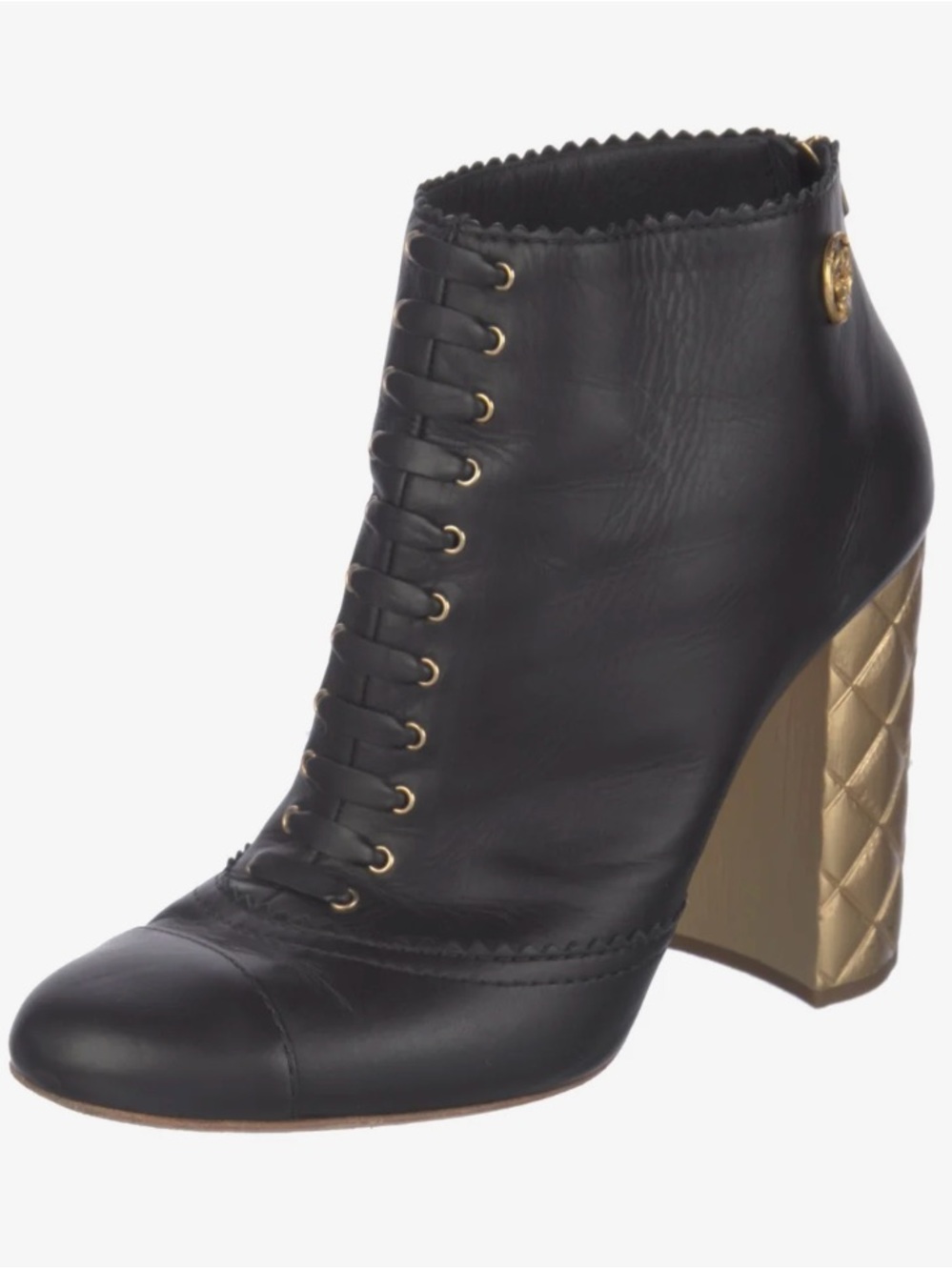 CHANEL Black Leather Lace-Up Ankle Boot with Quilted Gold Block Heel